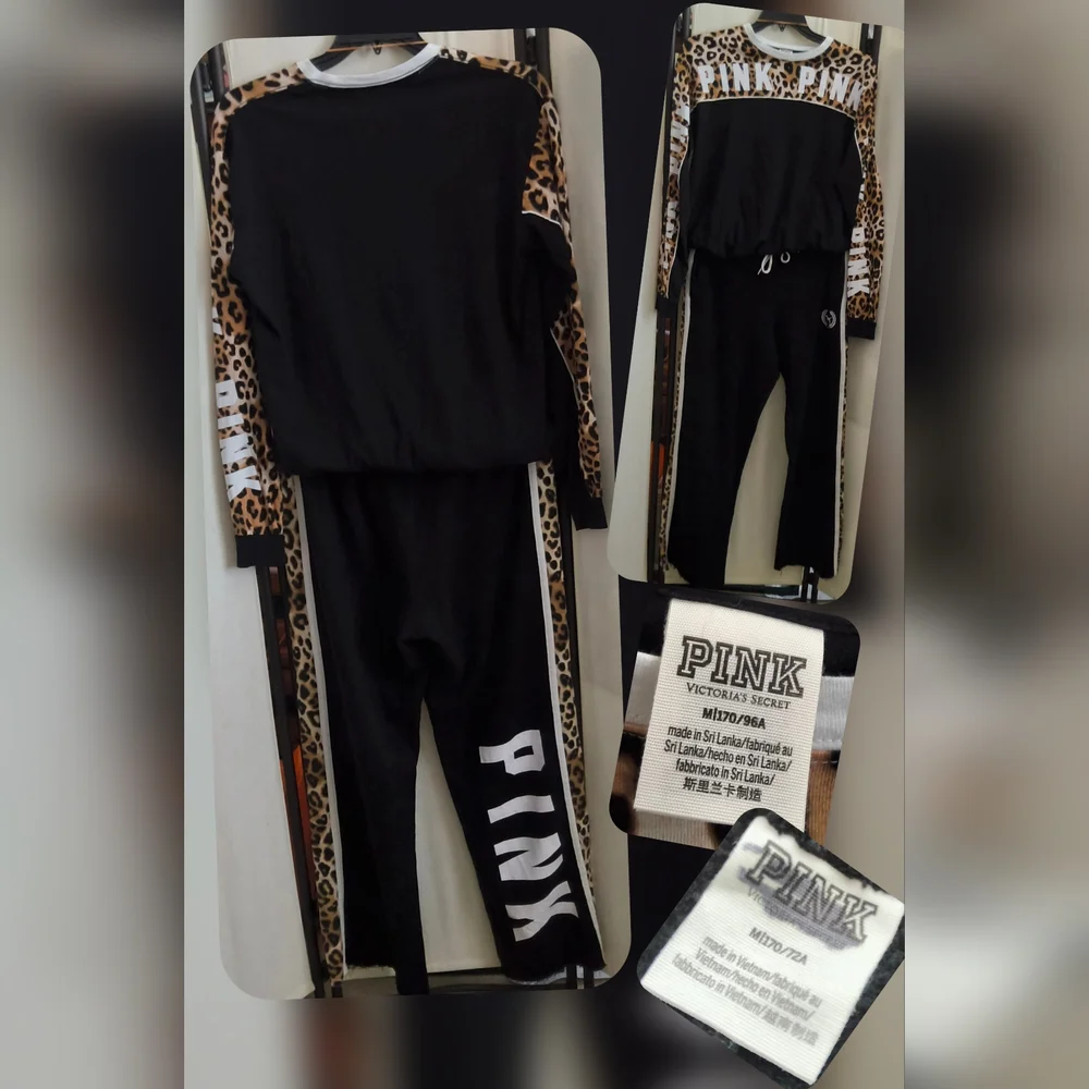 PINK Victoria's Secret Black and Leopard Print Boyfriend Joggers & Tee Set - Picture 3 of 9